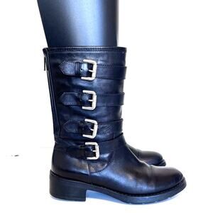 Aquatalia Swell Womens Moto Boots Size‎ 6.5 Black Leather Buckles Biker Punk Emo